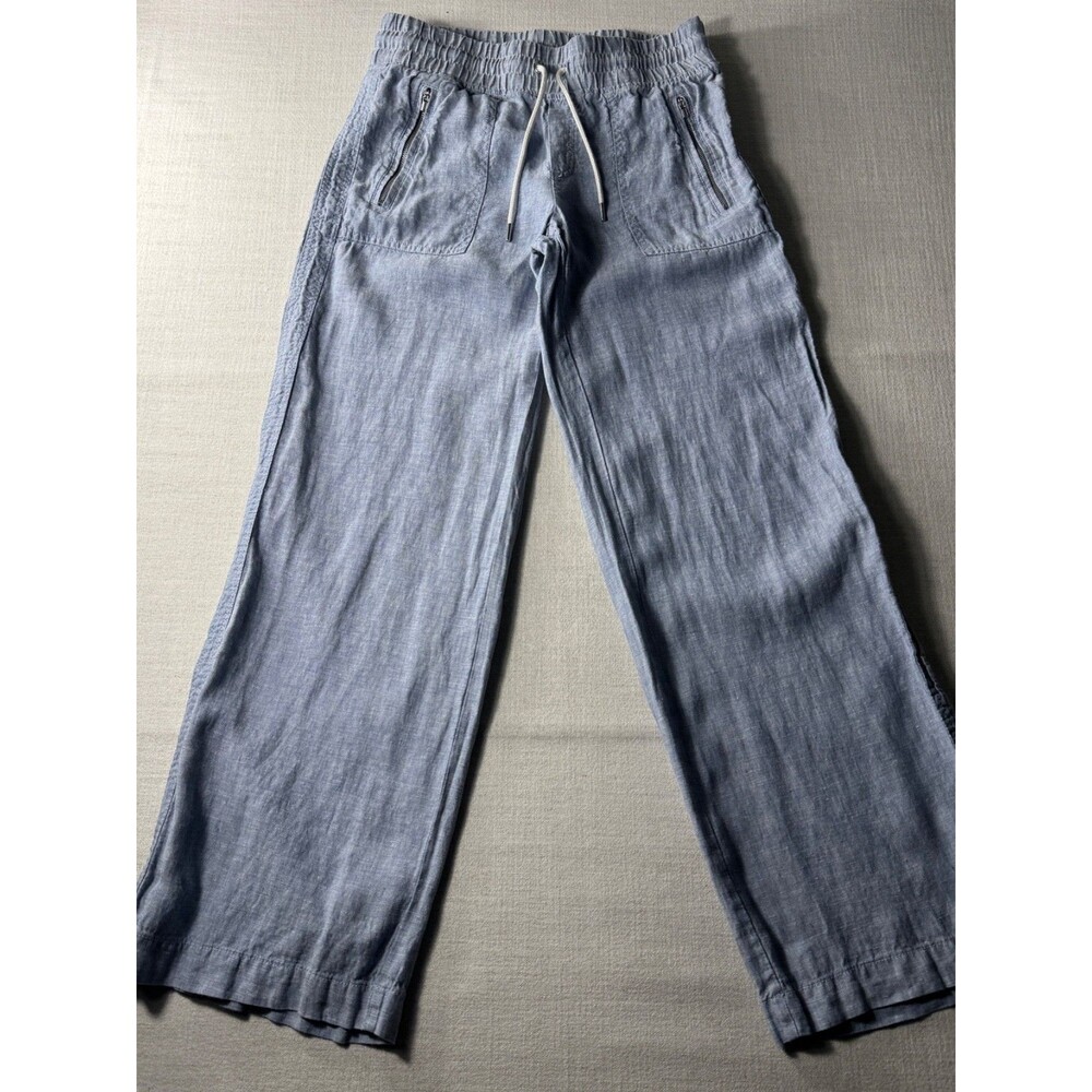 Athleta Women's Cabo Linen Wide Leg Pant Blue Size 4 Pull On Drawstring Travel
